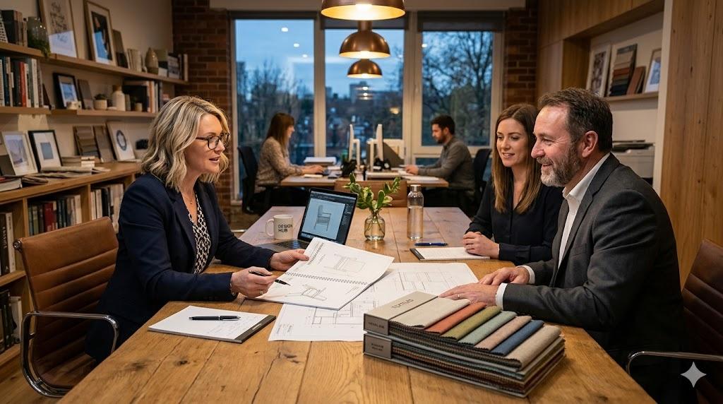 Interior designer reviewing fabric samples with a furniture supplier