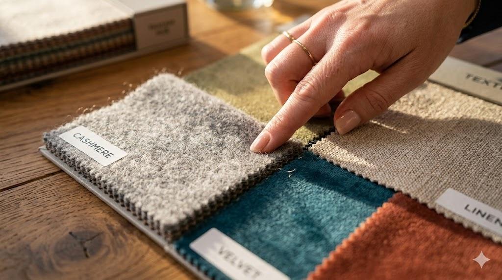 Designer examining luxury upholstery fabric samples