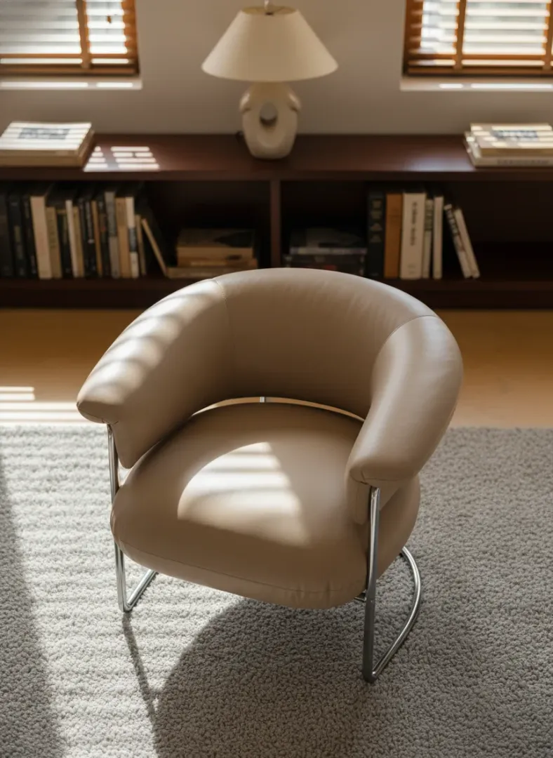 Champagne full grain leather Bauhaus armchair high-angle showing deep curved backrest in warm natural light and steel sled base