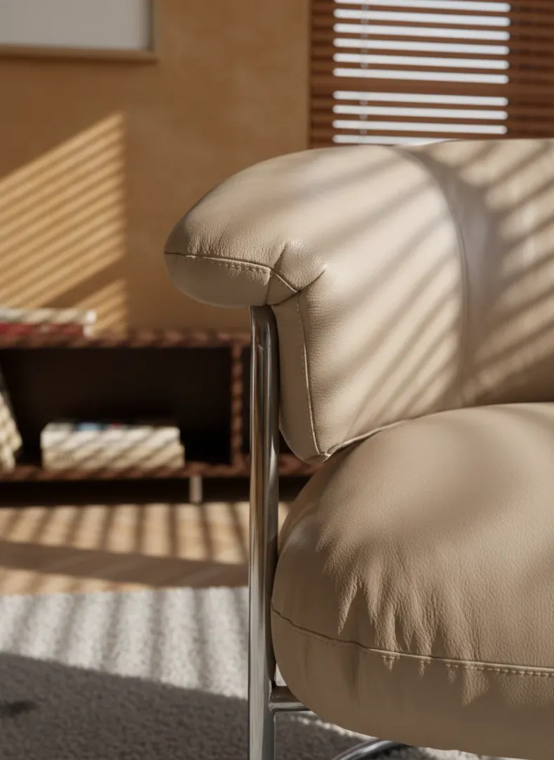 Close-up of champagne full grain leather on Bauhaus armchair showing natural creasing on armrest and polished tubular steel leg