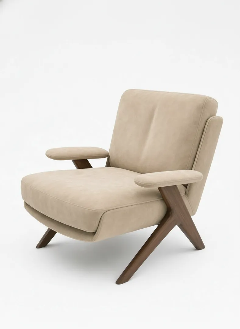 Italian modern walnut armchair front view — solid walnut A-frame, floating armrests, brushed sand upholstery