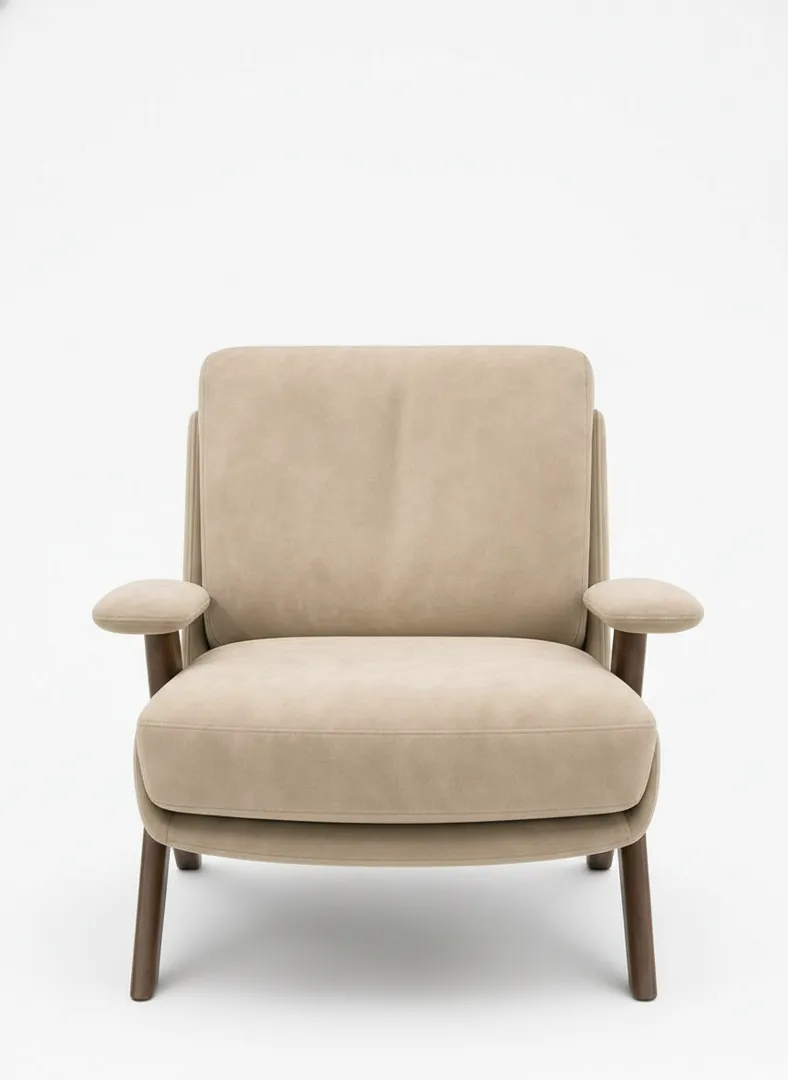 Italian modern walnut armchair front view studio — walnut A-frame Z-shaped legs, pill-shaped floating armrests