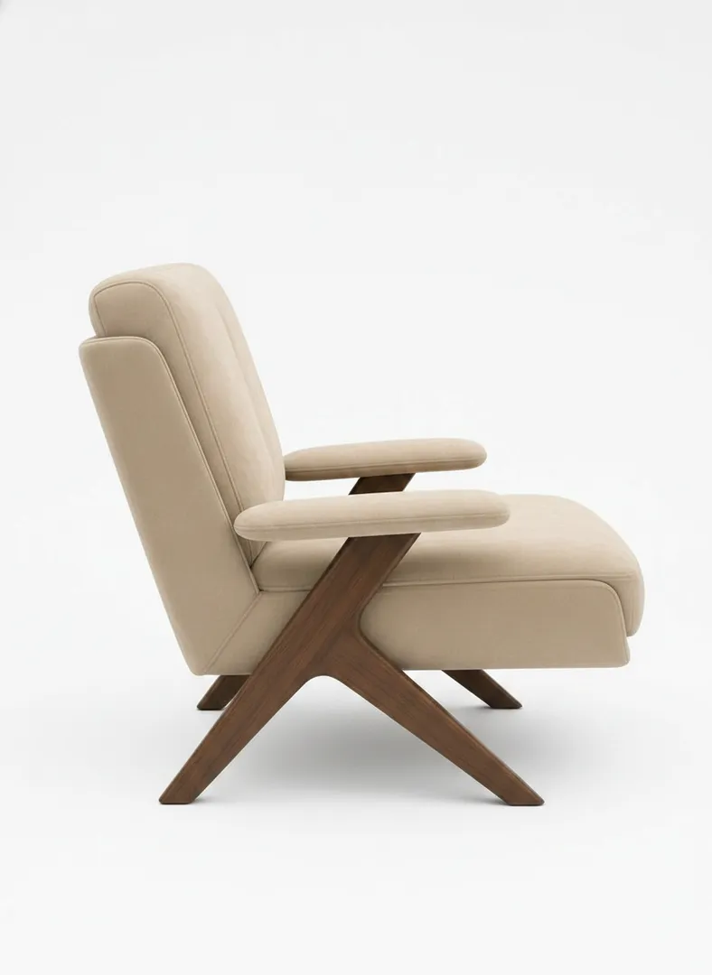 Italian modern walnut armchair side profile — Z-shaped walnut leg geometry, tapered armrest pedestals