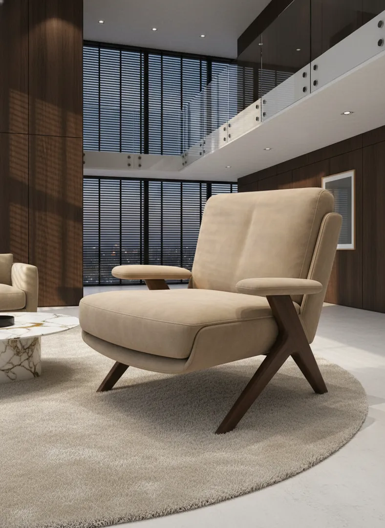 Milano Walnut Lounge Armchair — Floating Armrests & Brushed Suede
