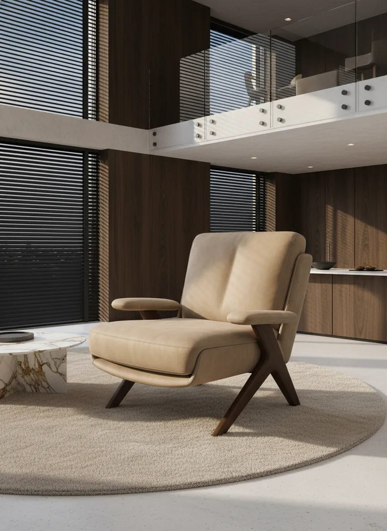 Italian modern walnut armchair 45-degree angle view — brushed suede upholstery, walnut A-frame, marble coffee table
