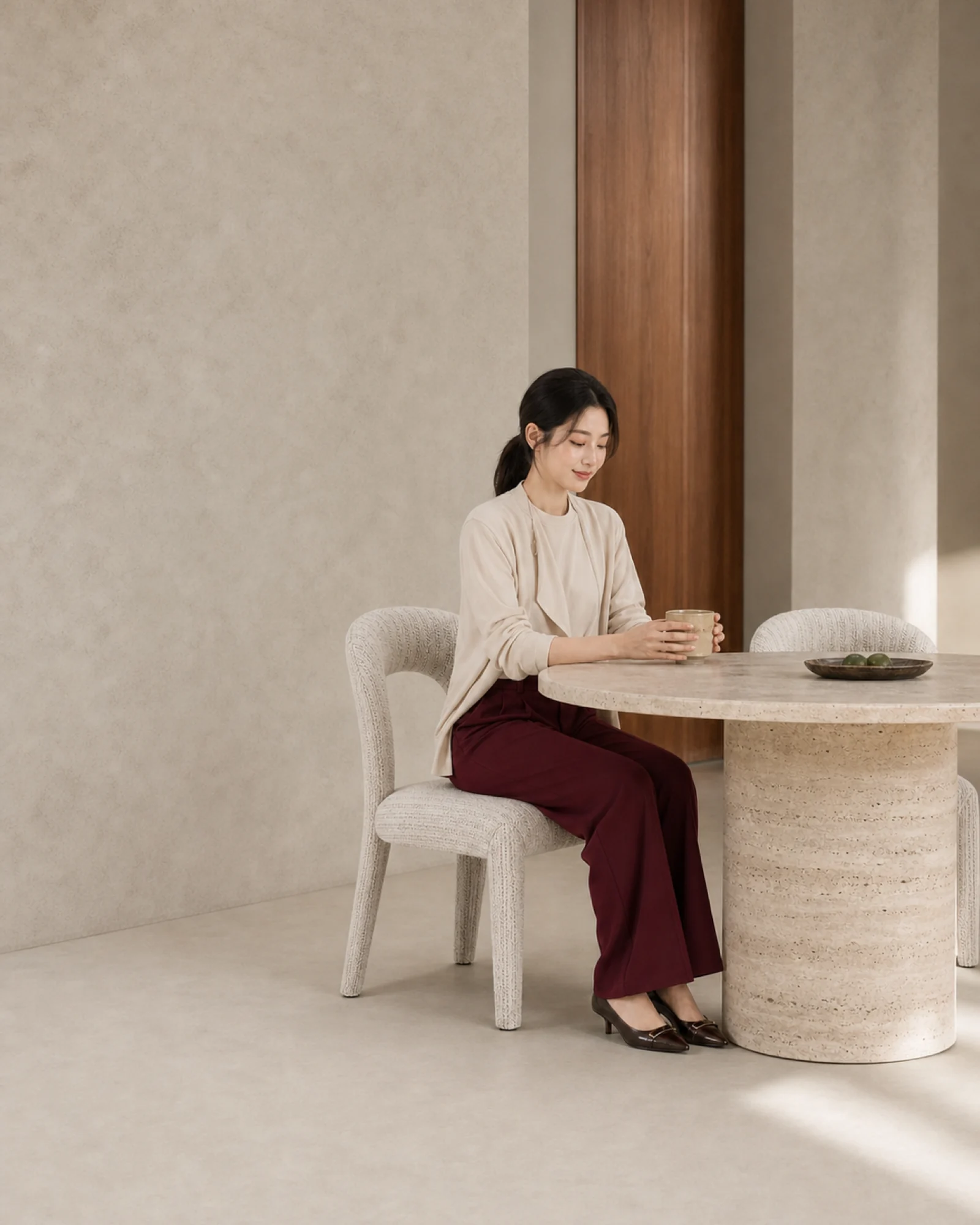 Ivory mixed-upholstery dining chair beside a round stone dining table | ROBERT CASA